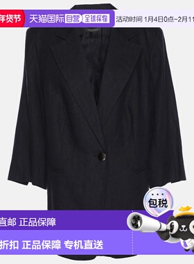 自营Marina Rinaldi Navy Blue Linen Single Breasted 3/4 Sleev