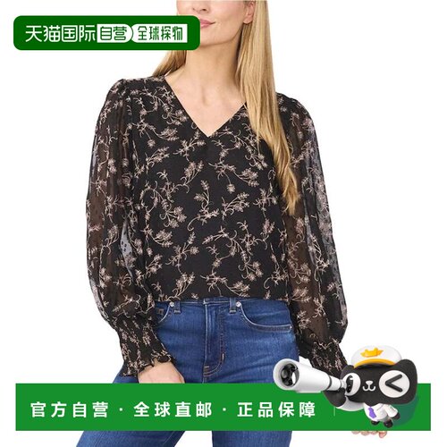 自营CeCe上衣女式黑色碎花夹点烟熏v领套头衫GBO3643-黑色 美国奥
