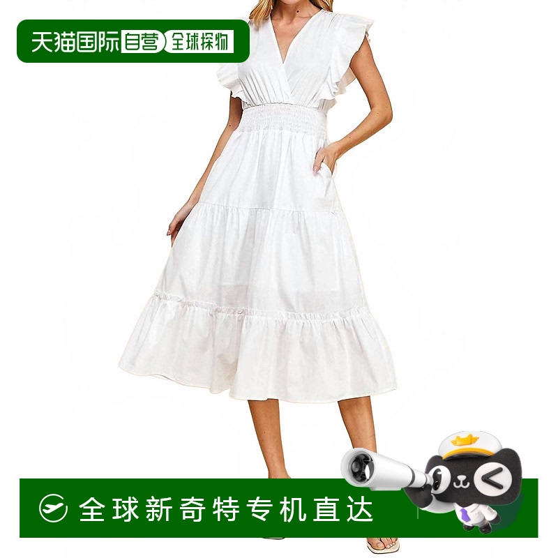 自营 pinch白色褶袖迷笛裹身连衣裙 【美国奥莱】直发