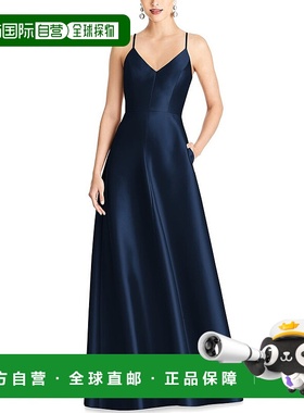 自营Alfred Sung V 领全裙缎面长裙 - 午夜海军蓝 美国奥莱直发