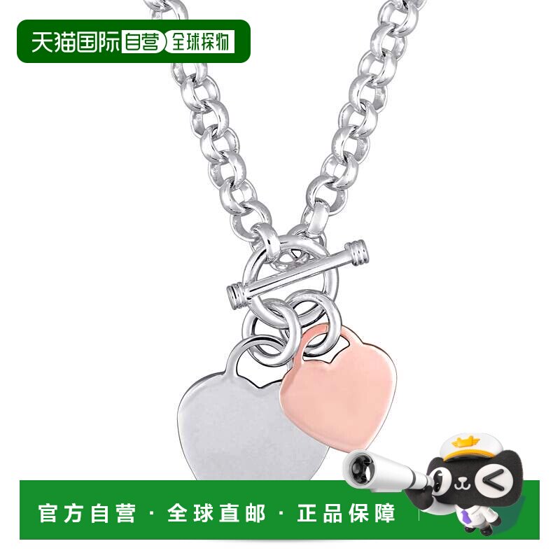 自营Mimi & Max 2 色玫瑰白纯银椭圆链式项链，带双心形吊饰和铰