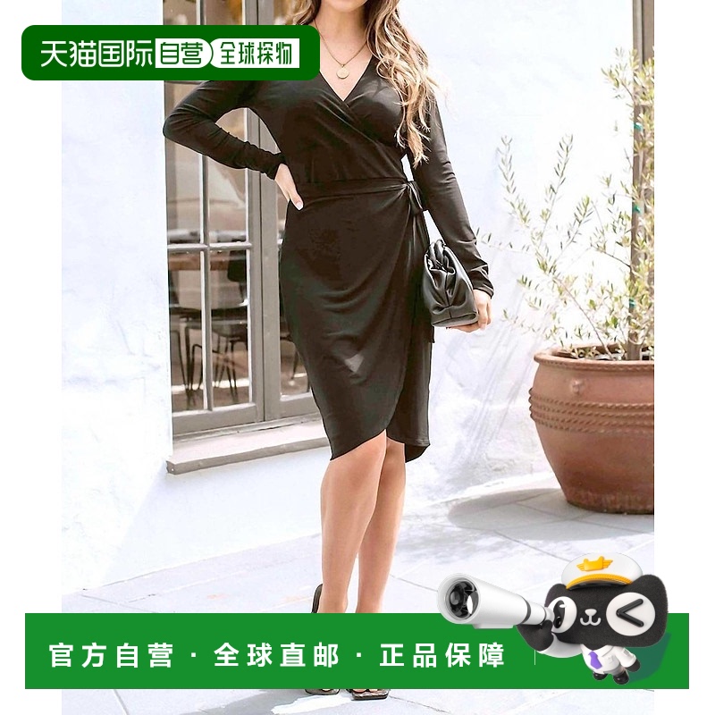 自营 veronica mLong Sleeve Crossover Dress In Black Ity - bl