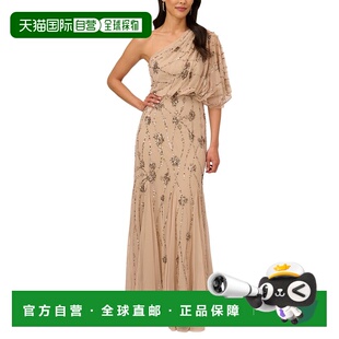 自营Adrianna Papell单肩串珠女式美人鱼礼服-棕色 美国奥莱直发