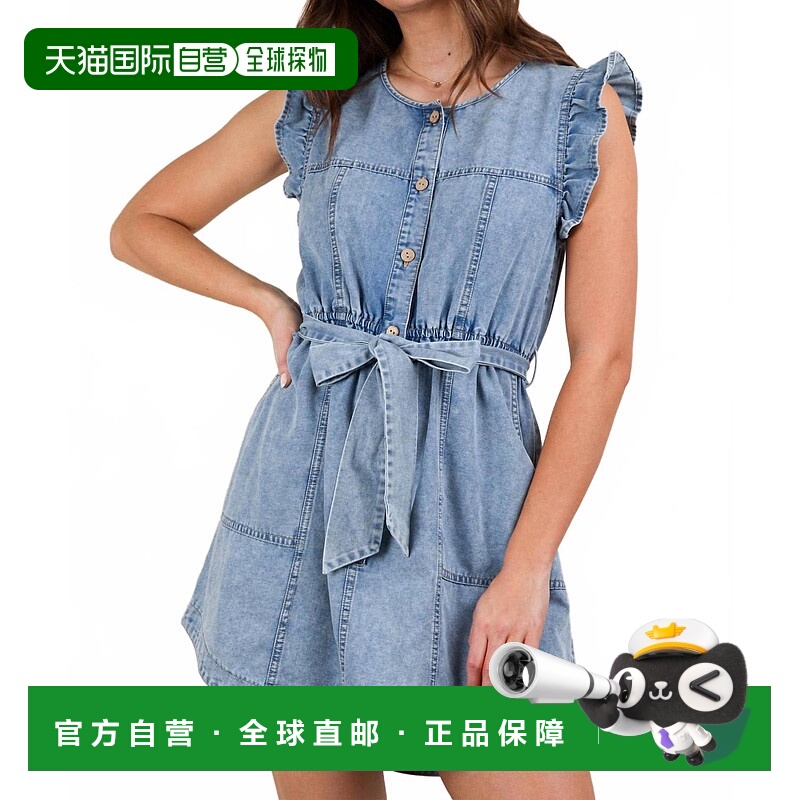 自营very jDenim Tie Waist Button Front Dress In Blue - blue