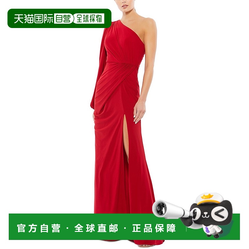自营Mac Duggal One-Shoulder Puff Sleeve Faux Wrap Gown - red