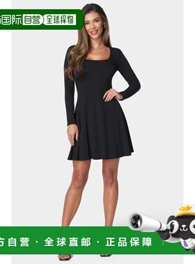 自营Bebe Women's Rib Long Sleeve Godet Dress - black 美国奥