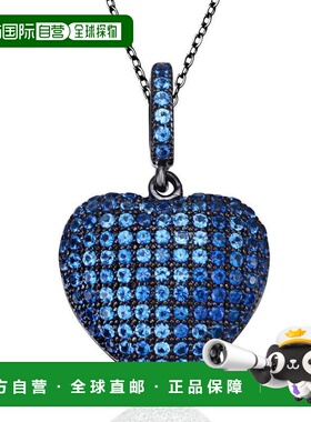 自营Suzy Levian 蓝色立方氧化锆黑色纯银密镶心形吊坠 美国奥莱
