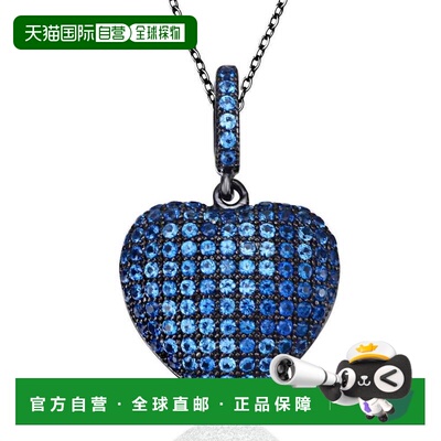 自营Suzy Levian 蓝色立方氧化锆黑色纯银密镶心形吊坠 美国奥莱