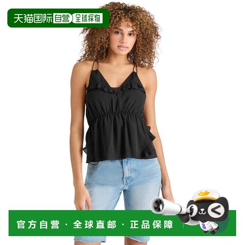 自营Steve Madden Mina女士黑色荷叶边v领上衣PALL431-黑色 美国