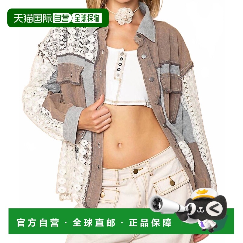 自营polOversized Contrast Lace Crochet Collared Button Down