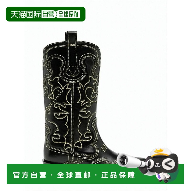 自营ganniMid-Calf Black Leather Boots With Western-Inspired