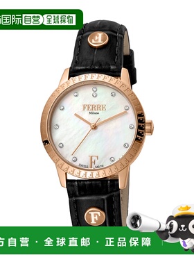 自营 Ferre Milano 女士白色 MOP 表盘皮革手表 - 黑色 美国奥莱