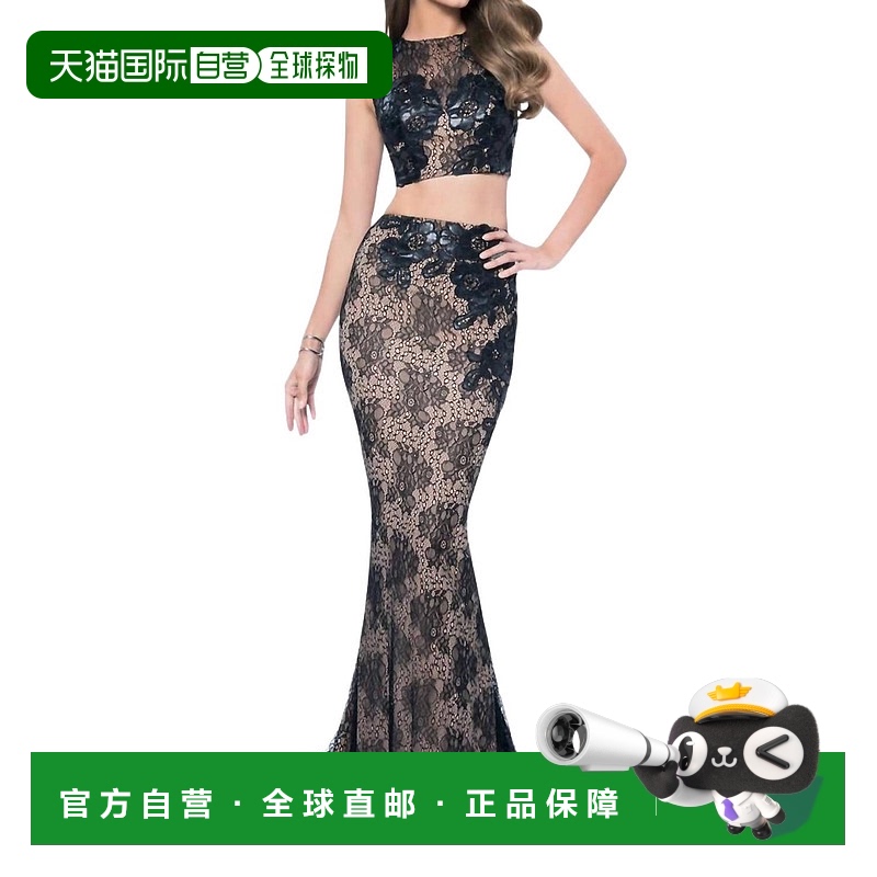 自营 terani couture两件式蕾丝皮革贴花舞会礼服黑色裸体-黑色裸