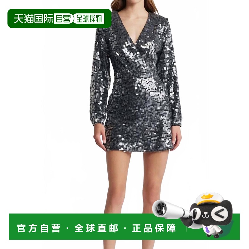 自营saylorRina Mesh Long Sleeve Sequin Mini Dress In Pewter