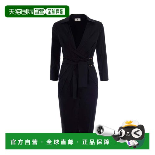 自营elisabetta franchiWrap Design Black Cotton Dress with Or