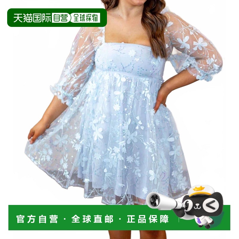 自营 storia浅蓝色3D花朵贴花亮片婴儿玩偶连衣裙-浅蓝色 美国奥