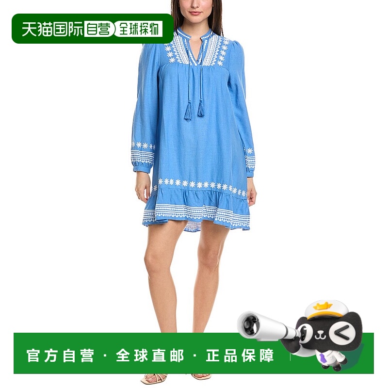 自营Sail to Sable Embroidered Linen-Blend Mini Dress - blue