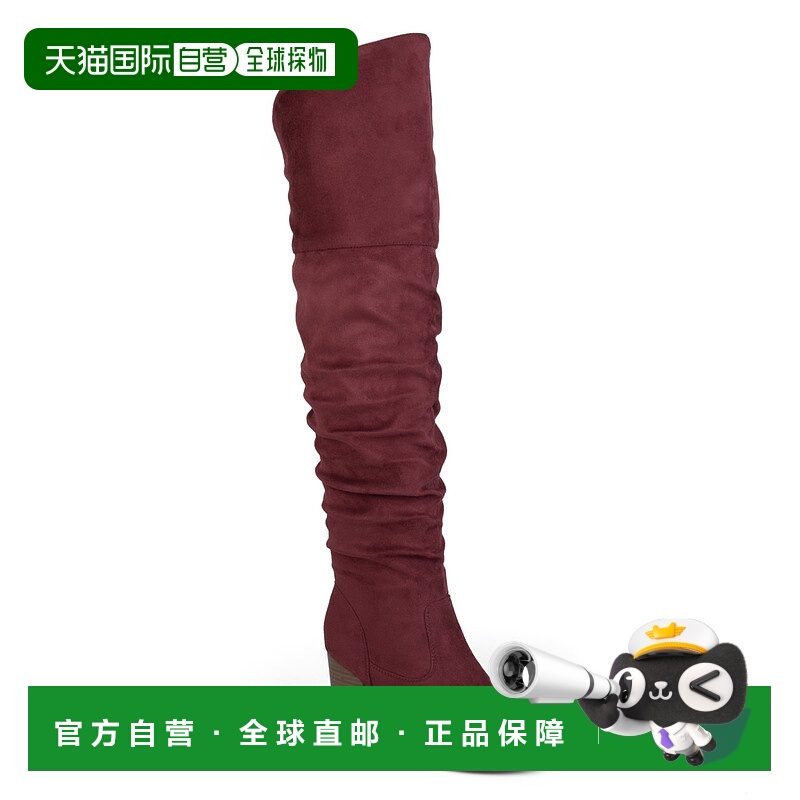 自营 Journee Collection女式Kaison叠跟过膝靴-葡萄酒 美国奥莱