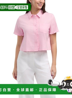 自营Ellen Tracy女式纽扣前襟衬衫，带褶边细节-火烈鸟粉色 【美