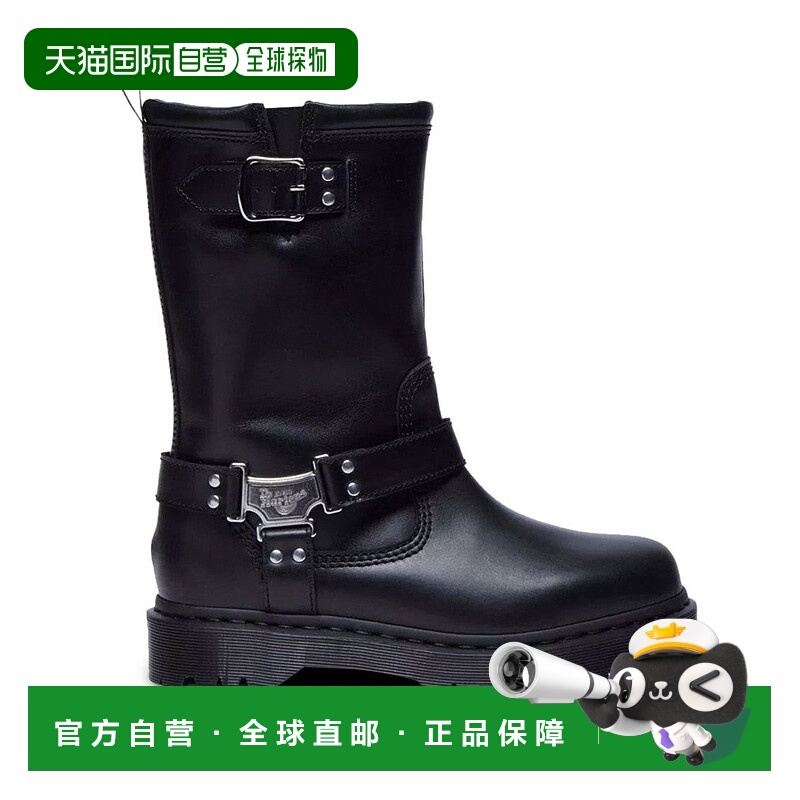 自营dr. martensMid-Calf Black Leather Boots With Silver-Tone
