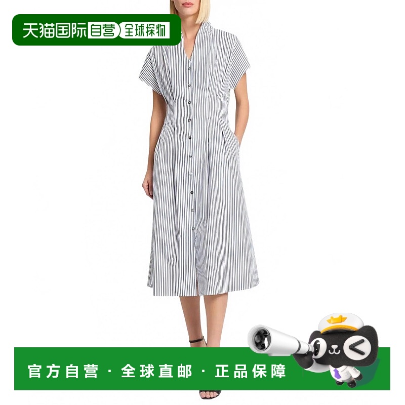 自营ming wangCotton Pinstripe Stand Collar Short Sleeve Midi