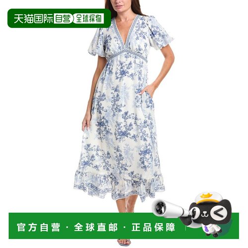 自营Max Studio Bubble Sleeve V-Neck Empire Waist Midi Dress