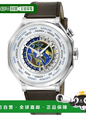 自营 GV2男式Marchese 4时区IPYG表壳，银色表盘手表，棕色手工意