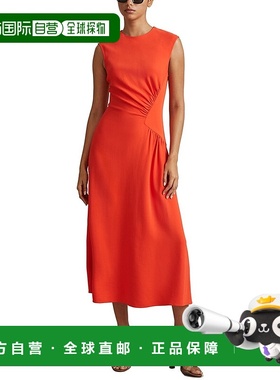 自营 Reiss Stacey褶边腰休闲连衣裙-橙色 美国奥莱直发