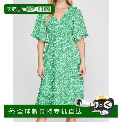 自营 she + sky绿色花卉中长连衣裙 - 绿色 美国奥莱直发