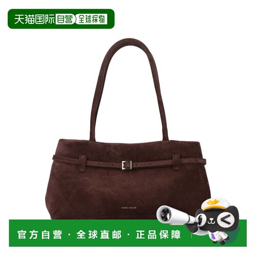 自营manu atelier细长的麂皮手提包，配有磁性封口和顶部双手柄-
