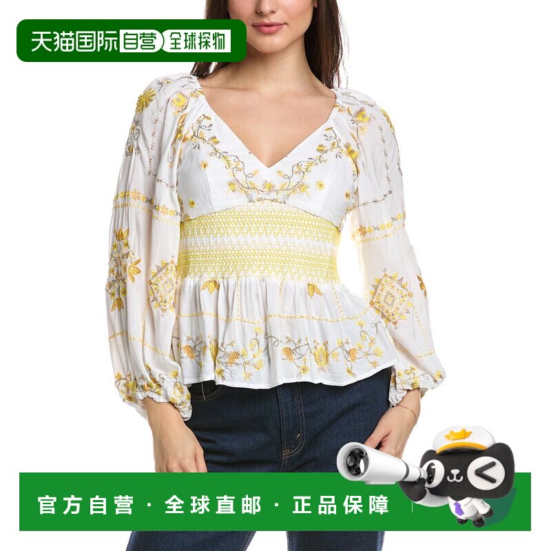 自营 Hale Bob刺绣烟熏上衣-金色 美国奥莱直发长袖泡泡袖女装