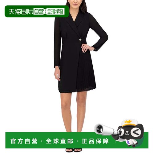 自营Vince Camuto裹身连衣裙女式黑色及膝长袖凹口翻领FTS1442-黑