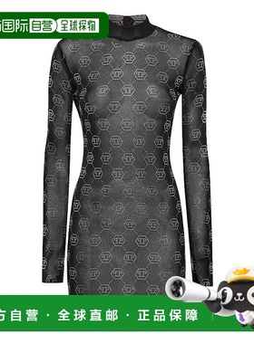 自营 philipp plein薄纱中长连衣裙 Strass Monogram - 黑色 美国