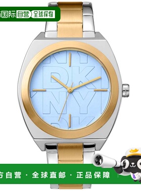 自营DKNY LOGO百老汇Maxi浅蓝色女式手表-双色金银 美国奥莱直发