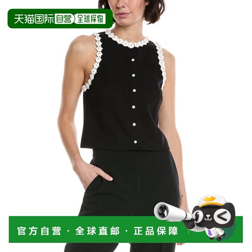 自营CeCe Crochet Floral Trim Button-Down Top - black 美国奥