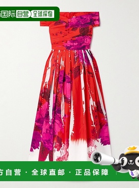 1h可退 香港直邮潮奢 Erdem 女士 露肩褶裥印花棉罗缎中长连衣裙