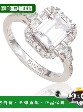 自营 Suzy Levian 纯银祖母绿切割白色方晶锆石订婚戒指 - 白色