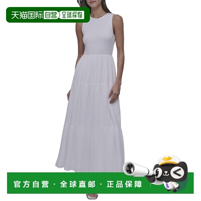 自营DKNY Tiered Smocked Bodice Dress - white 美国奥莱直发