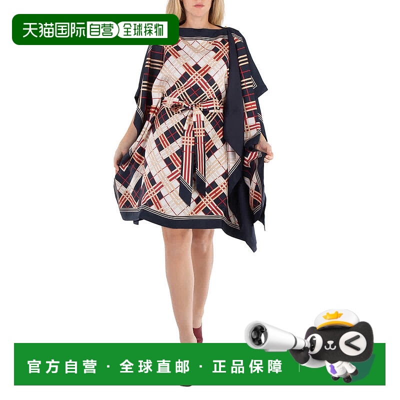 自营 Burberry抽象格子印花丝带斗篷-海军蓝/红色 美国奥莱直发