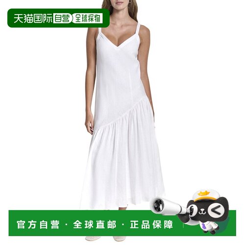 自营DKNY Shirred Linen Dress - White 美国奥莱直发吊带连衣裙