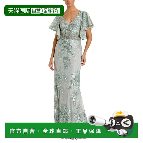 自营Mac Duggal刺绣Flutter袖子喇叭式长袍-绿色 美国奥莱直发