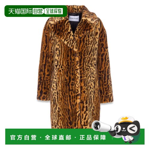 自营stand studio人造皮草短大衣，搭配大胆的动物纹-棕色 美国奥
