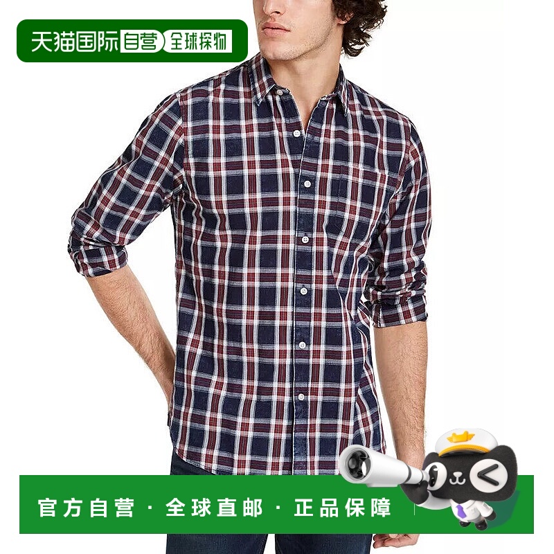 自营sun + stoneSun+Stone Dio男式海军蓝棉格子长袖休闲纽扣衬衫