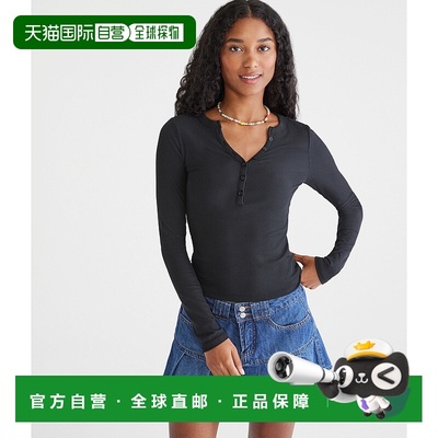 自营 Aeropostale长袖蝴蝶色软V领亨利-黑色7 美国奥莱直发内搭