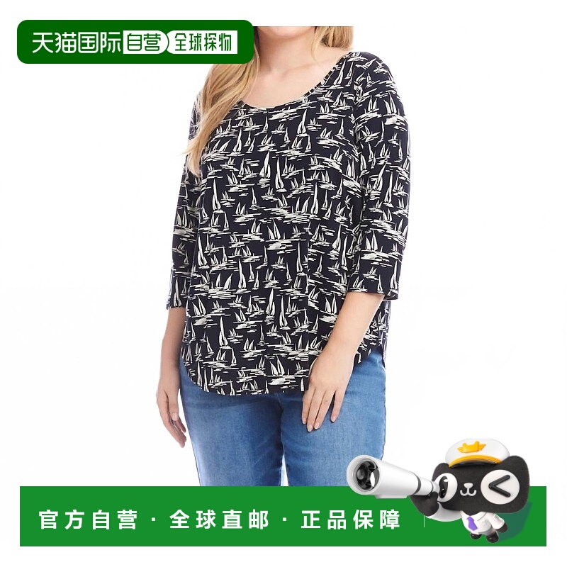 自营karen kane3/4 Sleeve Shirttail Top - Plus In Navy Cream