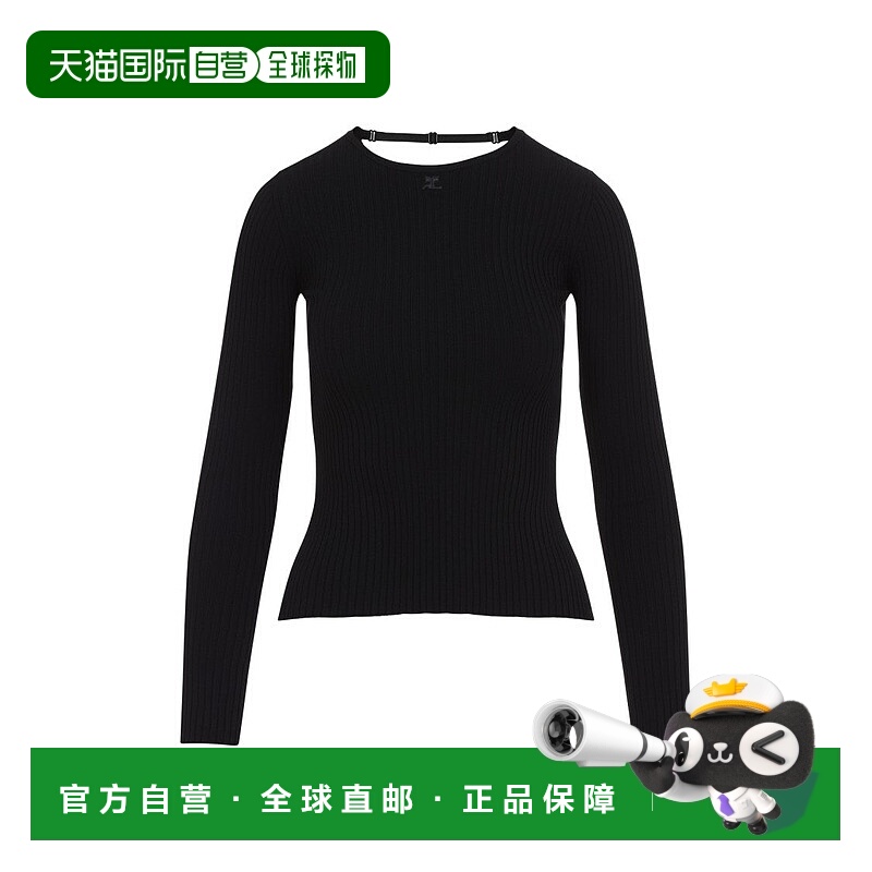 自营courregesFitted Black Ribbed Top - black 美国奥莱直发