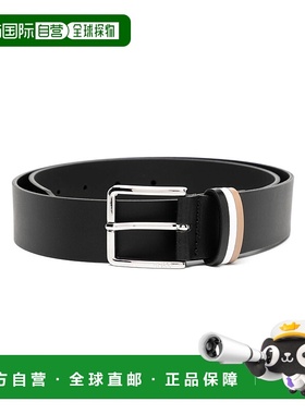 自营 Hugo Boss 男式 Ther Loop 条纹徽标腰带，黑色 - 黑色 美国