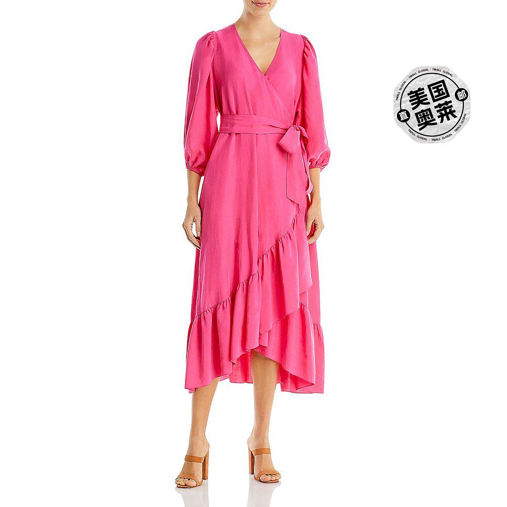 kobi halperin女式荷叶边小腿中部裹身早秋新款连衣裙 洋红色 【