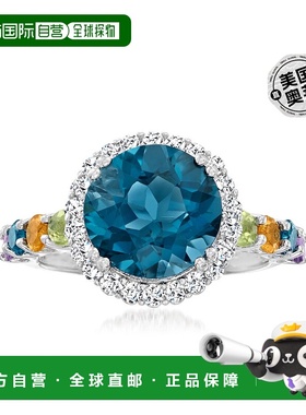 自营 925 纯银 Ross-Simons 伦敦蓝色托帕石和多宝石光环戒指 -