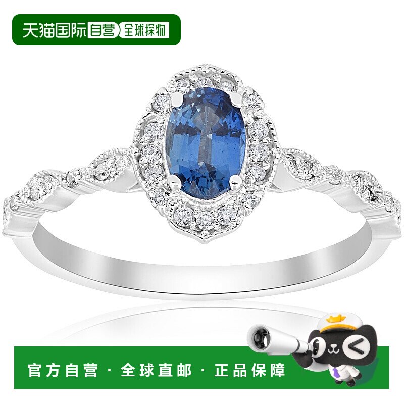 自营 pompeii33/4 克拉椭圆形蓝色蓝宝石钻石光环复古订婚戒指 14